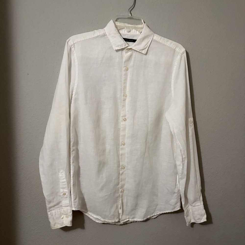 Perry Ellis Cotton Linen Blend Shirt Men S White Button Up Long Roll Tab Sleeves